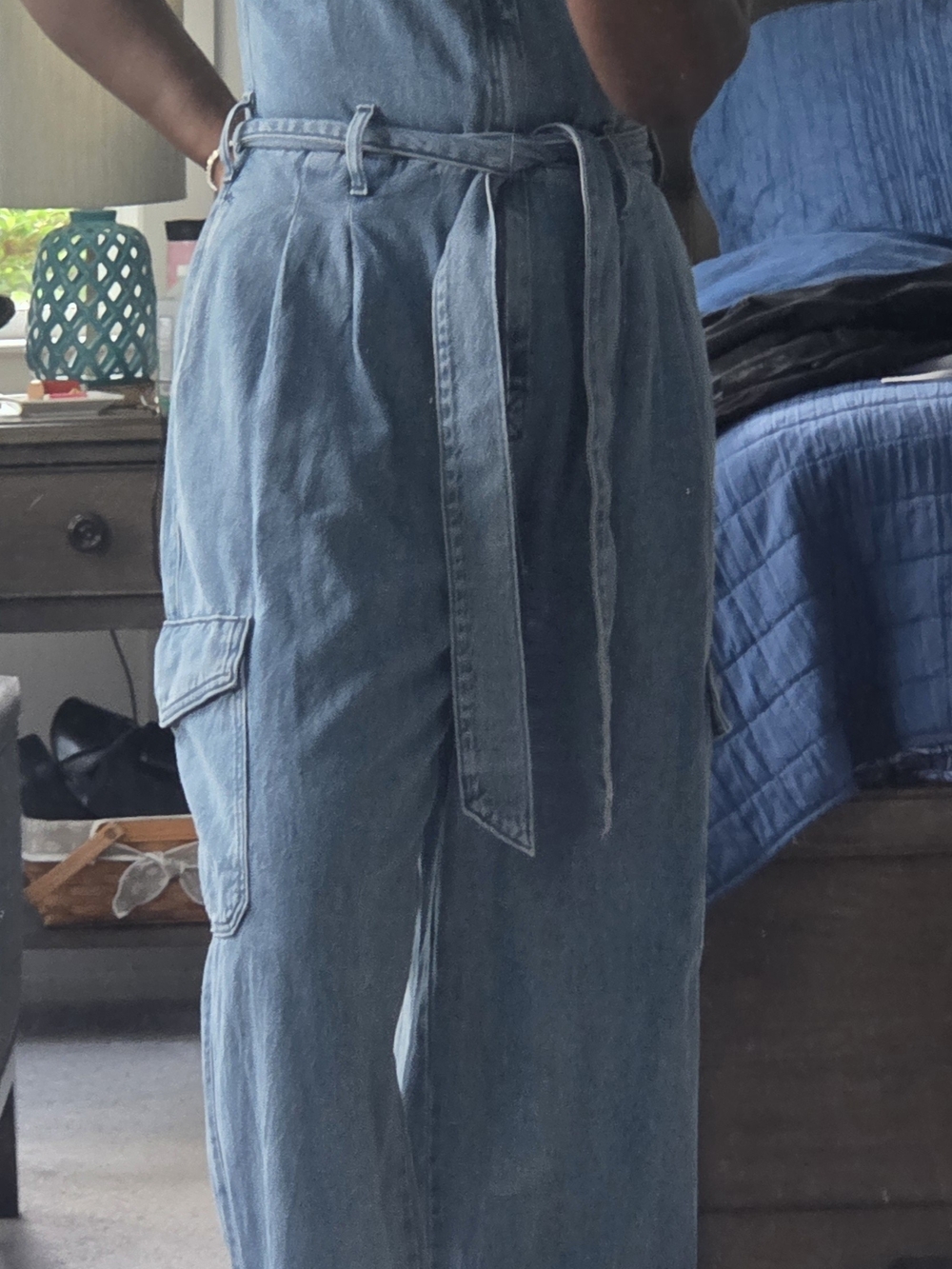 Universal Threads Light Blue Denim Cargo Romper with Self-Tie Belt
